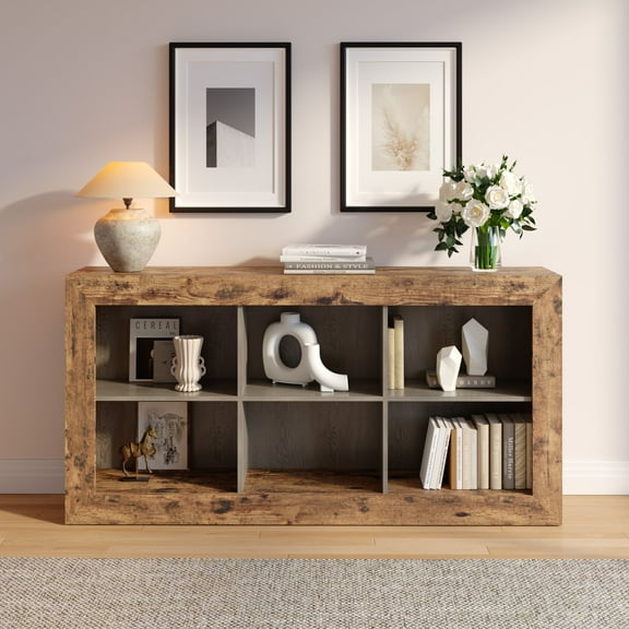 Gelloan 63-Inch Long Sofa Console Table, Rustic Wood Entryway Table with 6 Storage Cubes for Living Room, Hallway, Behind Couch,Brown