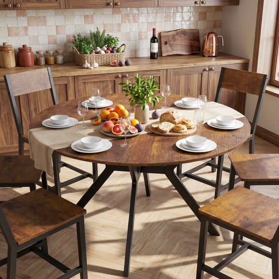 Gelloan 7-Piece Dining Table Set with 6 Chairs, 47" Kitchen Table & Chairs Set for 6, Round Farmhouse Dinner Table with Metal Base, Easy Assembly,Rustic Brown