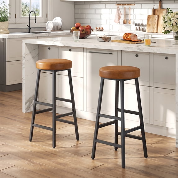 Gelloan Bar Stools Set of 2, PU Leather Padded Barstools, 27.7" Counter Height Bar Stools for Kitchen Island, Upholstered Industrial Bar Chairs with Metal Frame, for Dining Room Kitchen Bar, Brown