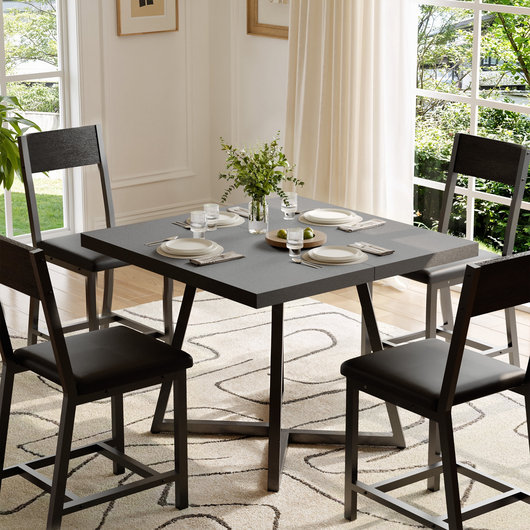 Gelloan Dining Table Set for 4, Kitchen Table Cushion Chairs Set of 4, Wooden Square Dining Table with Metal Frame, for Small Apartment Saving Space,Black