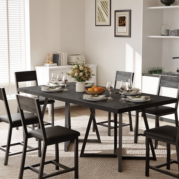 Gelloan 8 Piece Wooden Kitchen Table and Chairs Set with 6 Upholstered PU Leather Chairs for Dining Room, Living Room, Apartment,Black