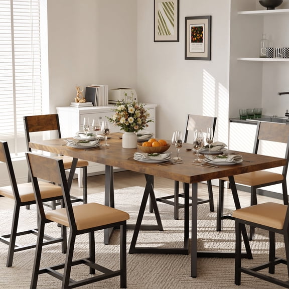 Gelloan 8 Piece Wooden Kitchen Table and Chairs Set with 6 Upholstered PU Leather Chairs for Dining Room, Living Room, Apartment,Rustic Brown