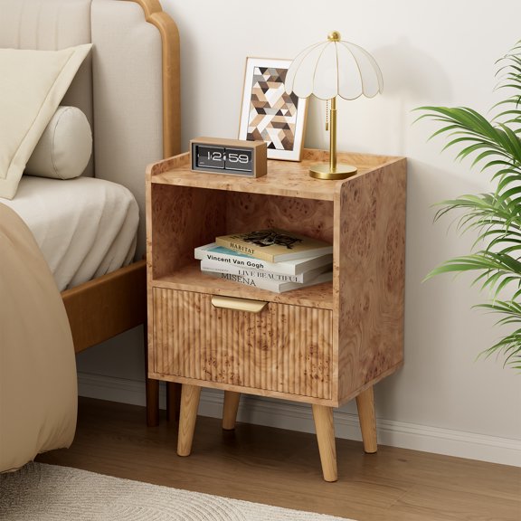 Gelloan Fluted Nightstand, Bed Side Table with Drawer, Solid Wood Feet, Open Storage, End Table with Raised Edge, for Bedroom, Dorm and Small Spaces,Light Burl