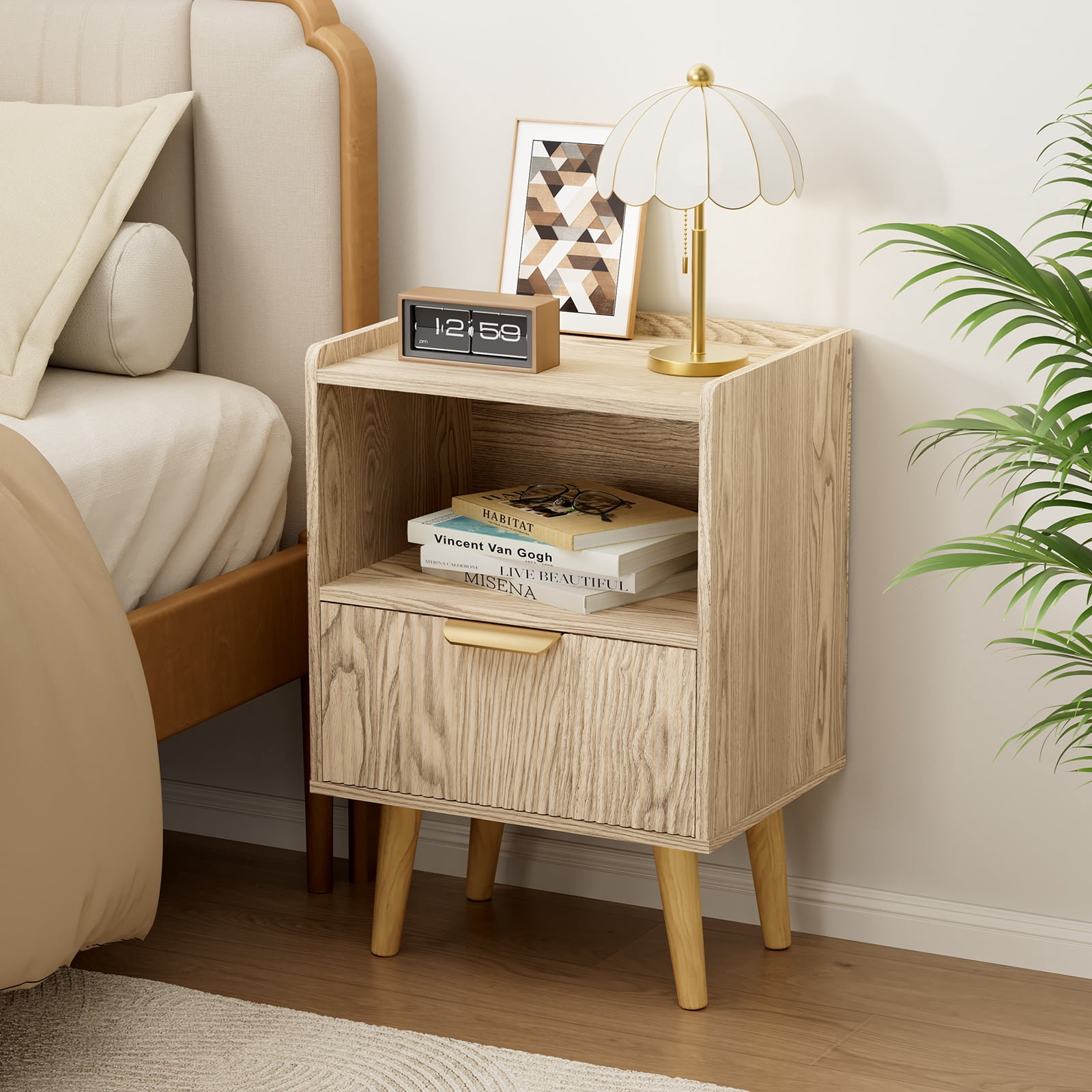 Gelloan Fluted Nightstand, Bed Side Table with Drawer, Solid Wood Feet, Open Storage, End Table with Raised Edge, for Bedroom, Dorm and Small Spaces,Natural