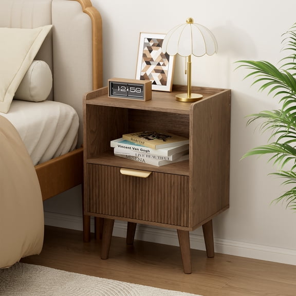 Gelloan Fluted Nightstand, Bed Side Table with Drawer, Solid Wood Feet, Open Storage, End Table with Raised Edge, for Bedroom, Dorm and Small Spaces,Walnut