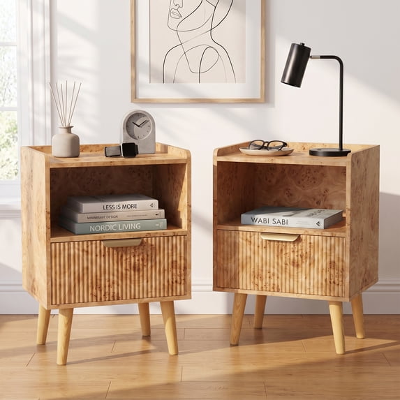 Gelloan Fluted Nightstand Set of 2, Bed Side Table with Drawer, Solid Wood Feet, Open Storage, End Table with Raised Edge, for Bedroom, Dorm and Small Spaces,Light Burl