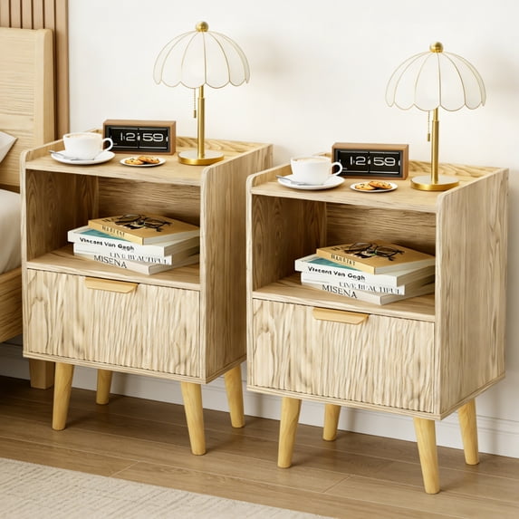 Gelloan Fluted Nightstand Set of 2, Bed Side Table with Drawer, Solid Wood Feet, Open Storage, End Table with Raised Edge, for Bedroom, Dorm and Small Spaces,Natural