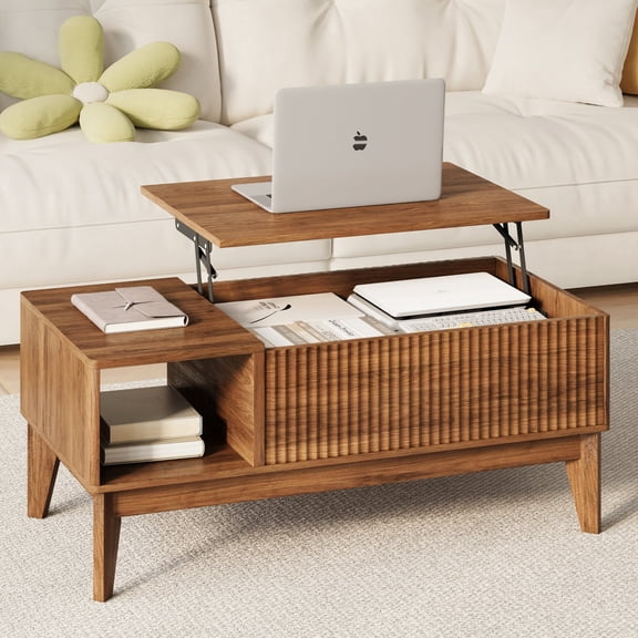 Gelloan Lift Top Coffee Tables for Living Room, Fluted Rectangle Wooden Coffee Table with Storage Shelf and Hidden Compartment,Walnut
