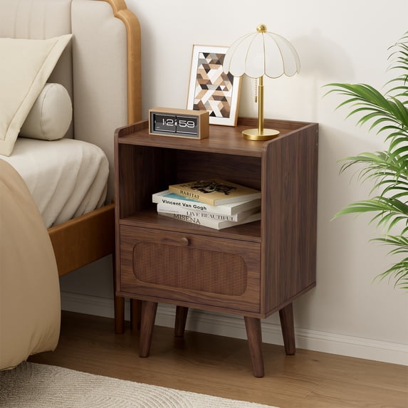 Gelloan Nightstand, Rattan Drawer Bedside Table with Open Storage, Modern Wooden End Table, for Bedroom, Dorm and Small Spaces,Walnut