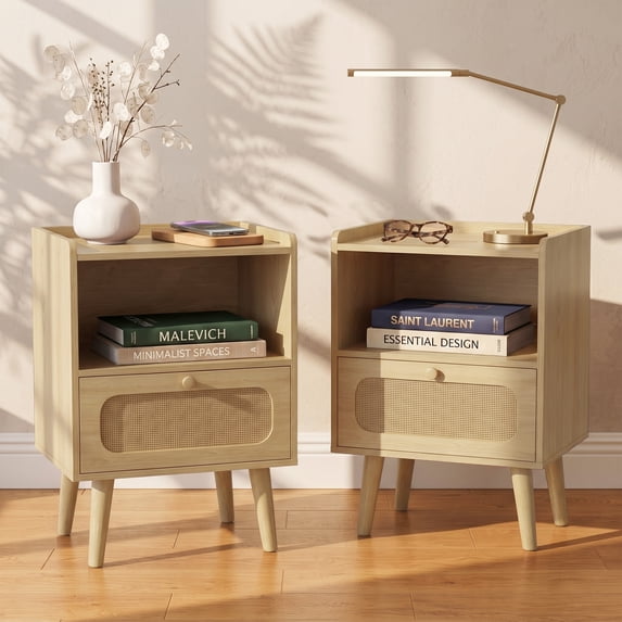 Gelloan Nightstand Set of 2, Rattan Drawer Bedside Table with Open Storage, Modern Wooden End Table, for Bedroom, Dorm and Small Spaces,Natural