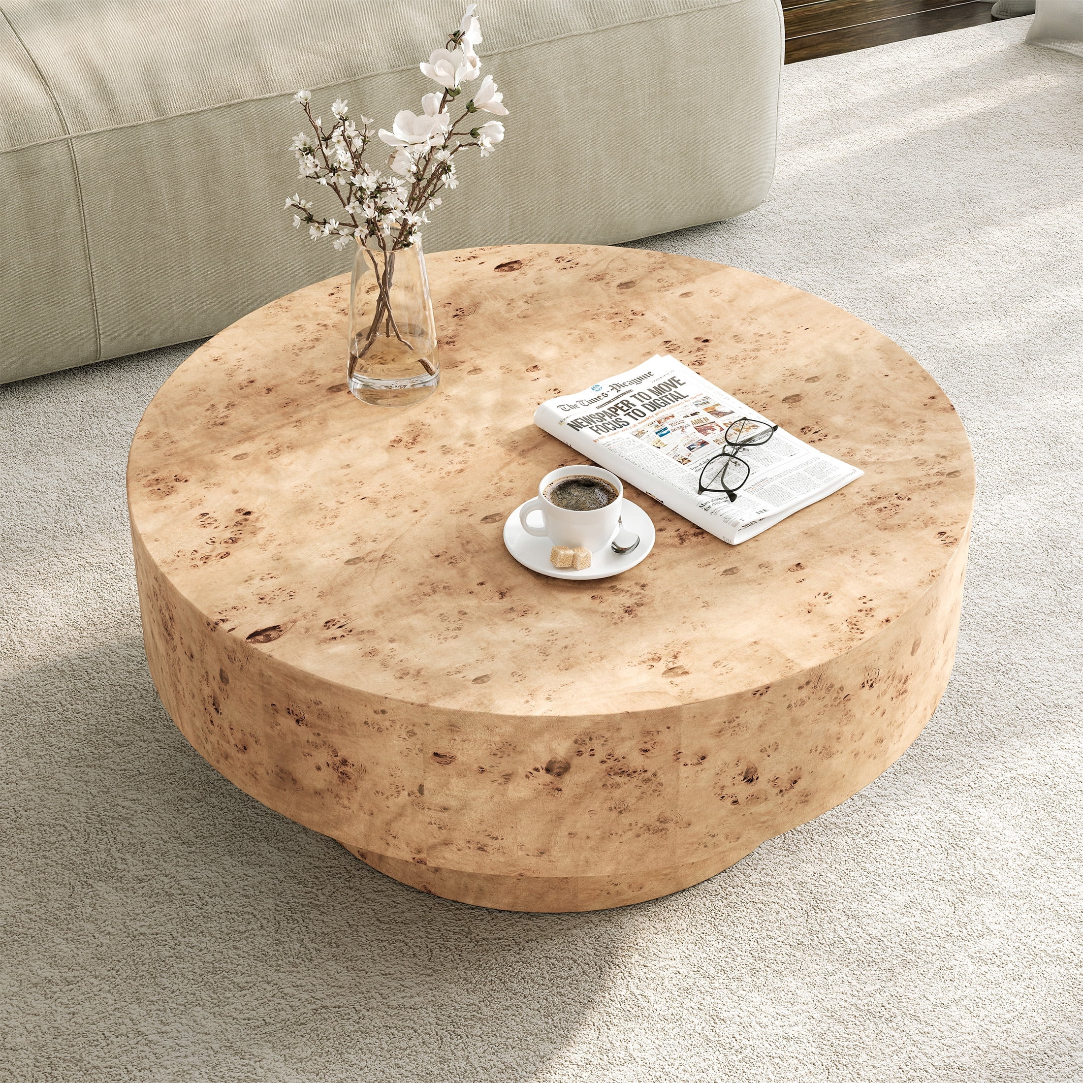 Gelloan 31.5" Round Coffee Table, Modern Drum Burl Coffee Tables for Living Room 31.5" Mid Century Wooden Pedestal Circle Accent Small Center Apartment Easy Assembly,Burl