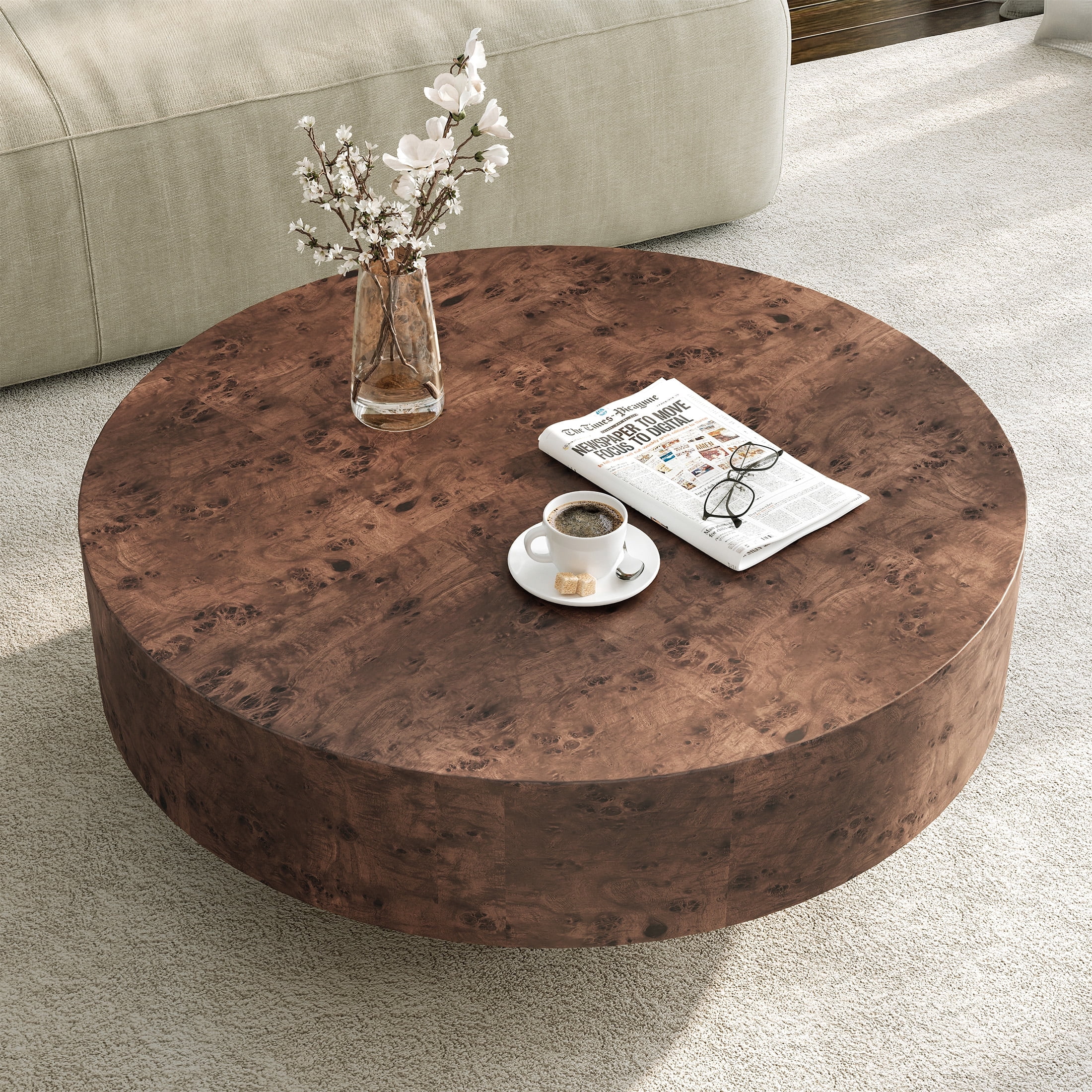 Gelloan 35" Round Coffee Table, Modern Drum Burl Coffee Tables for Living Room 35" Mid Century Wooden Pedestal Circle Accent Small Center Apartment Easy Assembly,Burl Walnut