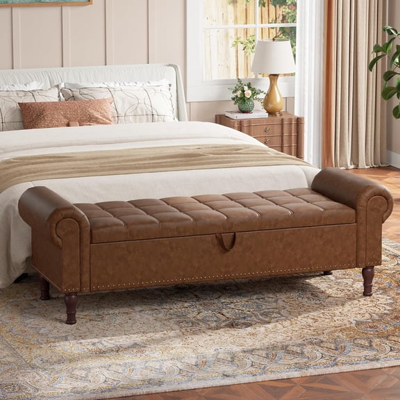 Gelloan Storage Bench for Bedroom,Upholstered Bedroom Bench with Rolled Arms and Rivets, Storage Chest for Living Room,Brown,60 Inches