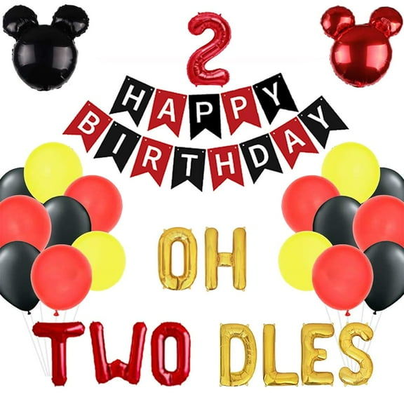Geloar Oh Twodles Mickey Minnie Themed KKS12nd Birthday Decorations with Oh Twodles Balloons, Mickey Mouse Happy Birthday Banner Garland for Second Boy Girl Bday Party Decor