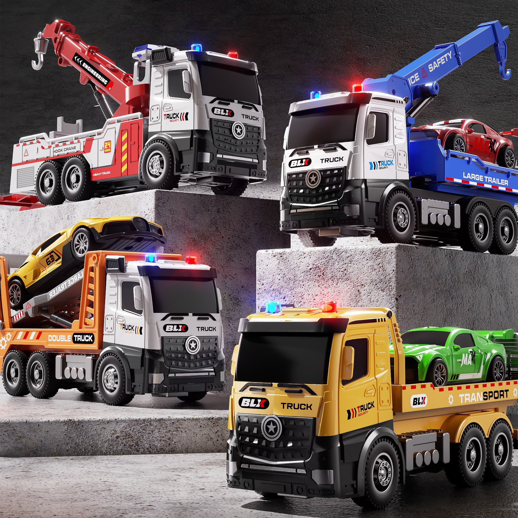 Gelomee Tow Truck Toys For 2 3 4 5 Year Old Boys, 4 Pack 7" Realistic Lights and Sounds, Trucks For Toddlers 2-4 Years, Gifts For 3 4 Year Old Boys, Toddler Boy Toys, Ideals 2 3 4 Year Old Boy Birthd