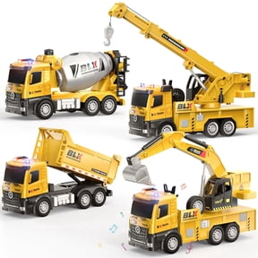 Gelomee 4 Pcs Alloy Construction Truck Toys Gifts For 3 to 8 Year Old Boys, 9" Construction Vehicles Toys With Light & Sound, Include Excavator, Crane, Dump and Mixer, Toys for Boys Toddler Kids