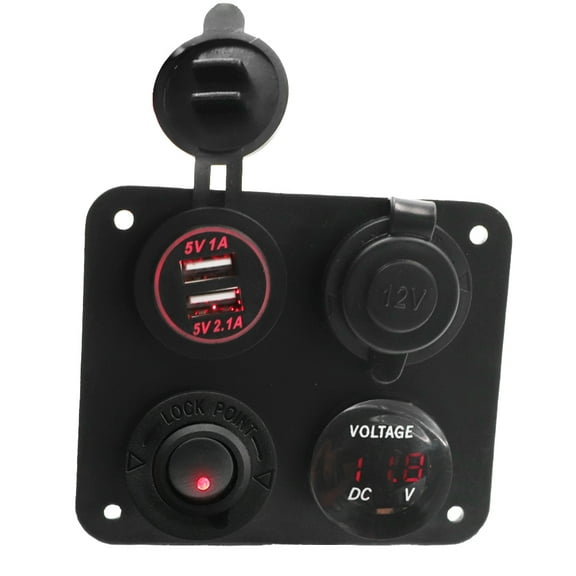 Geloo 12V Charger Socket Panel Waterproof Rocker Switch Panel with Dual USB Charger Port Cigarette Lighter Socket LED Voltmeter for Marine Boat Camper Truck RV Automotive