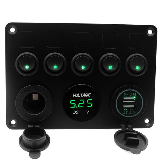 Geloo 5 Gang Rocker Switch Panel 12V Waterproof Marine Switch Panel Green LED Car Boat Switch Panel with Dual USB Charger Digital Voltmeter and Cigarette Lighter Socket