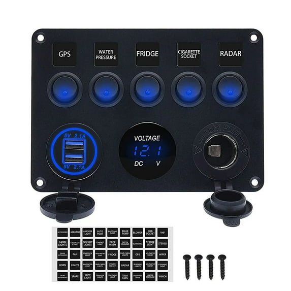 Geloo 5 Gang Rocker Switch Panel Boat Marine LED Switch Panel with 2.1A Dual USB Port Universal for Car Truck Camper 5.9"x4.1"x1.37"