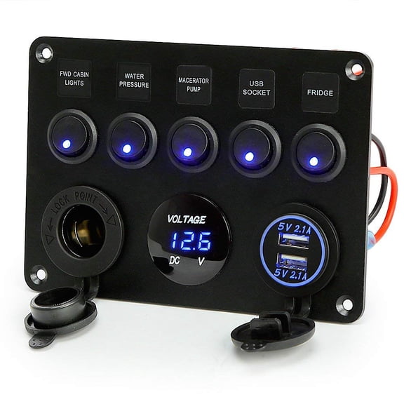 Geloo 5 Gang Rocker Switch Panel Waterproof Marine Switch Panel LED ON/Off Switch Panel with Dual USB Charger Digital Voltmeter Cigarette Lighter Socket for Marine Boat Car Rv Vehicles
