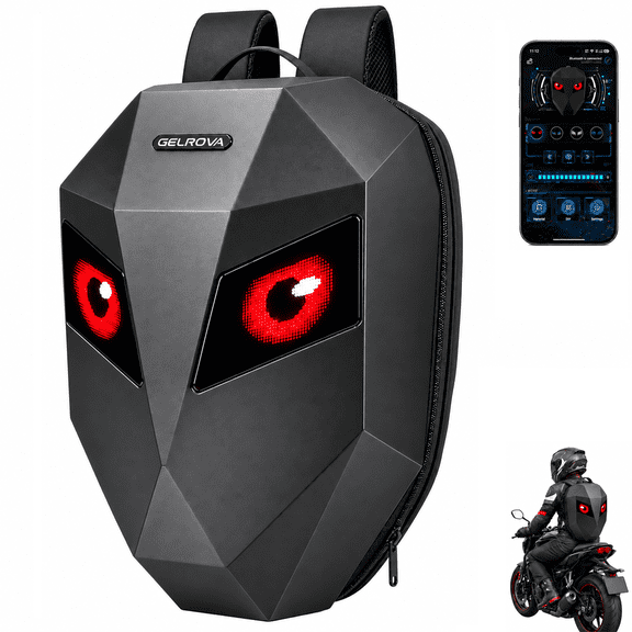 Gelrova 19-inch LED Motorcycle Helmet Backpack, Hard Shell Riding Bag with Programmable LED Eyes, App Control, Black