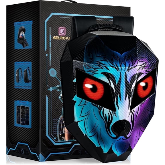 Gelrova LED Backpack Wolf Face, Hard Shell, Helmet Storage, Programmable S