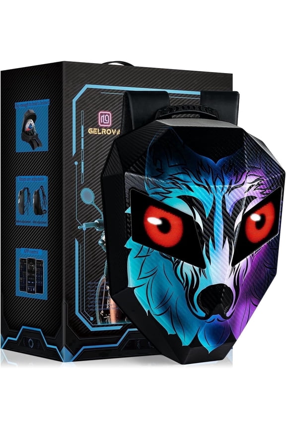 LED Backpack Wolf Face, Hard Shell, Helmet Storage, Programmable S