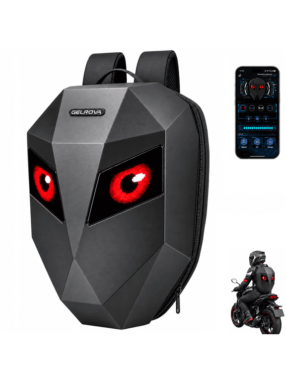 19-inch LED Motorcycle Helmet Backpack, Hard Shell Riding Bag with Programmable LED Eyes, App Control, Black