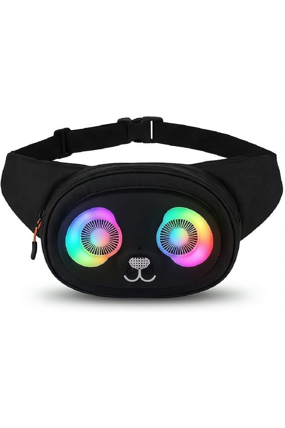 Gelrova Rain Resistant Fanny Pack with Speaker & LED Lights - Splash-Proof Waist Bag, Quick-Release Strap, Music Sync Eye Lights, for Casual Outings PandaSync