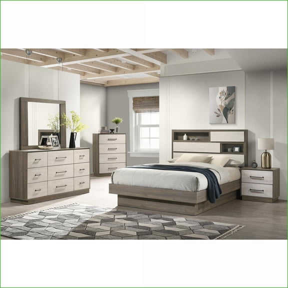 Gem 4 Pc Queen Modern Bedroom Set for Small Spaces, Tan Brown & Dark Brown Wood with USB Ports | Wood | Double Dressers