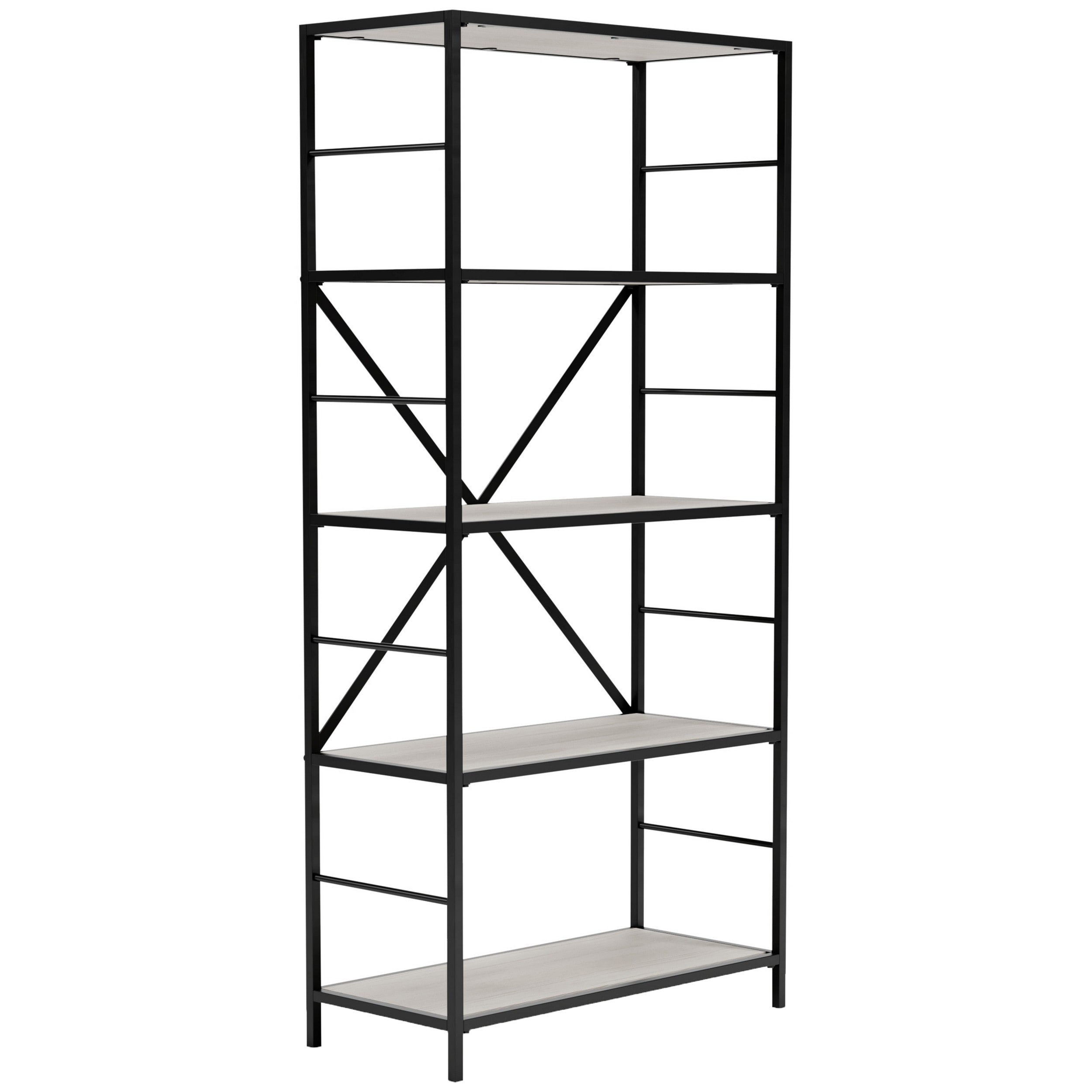Gem 63 Inch Freestanding Bookcase, 4 Wood Shelves, Open Black Metal