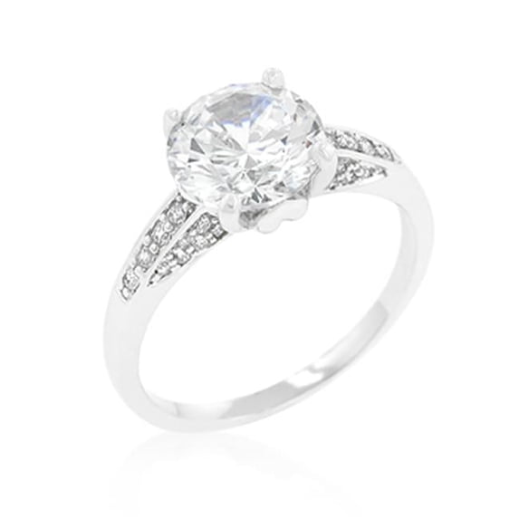 Gem Avenue SP1009 Genuine Rhodium Plated Engagement Ring with Round Cut Center Stone and Accented Cubic Zirconia Chips in Silvertone - Size 8