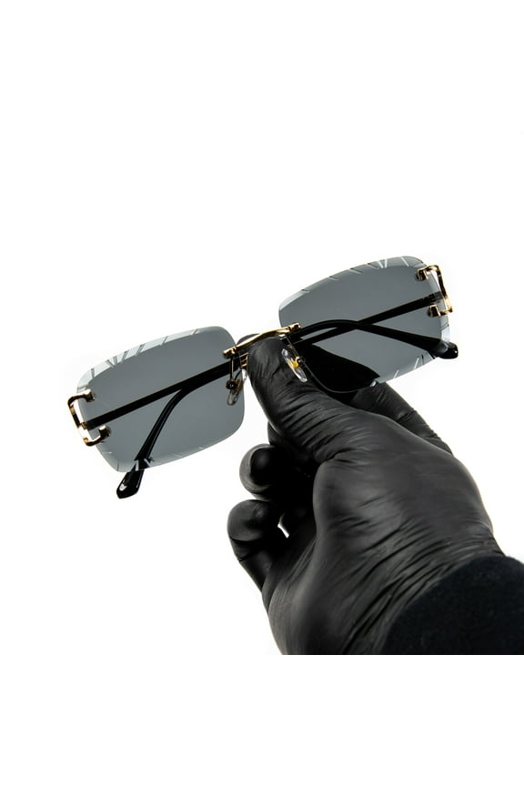 Gem Cut Black Tint Gold Frame Hip Hop Rimless Luxury Rectangle Sunglasses