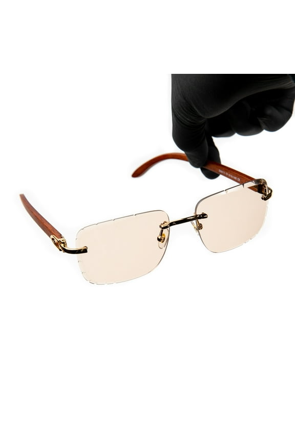 Gem Cut Rimless Gold Frame Tan Gradient Tint Woodgrain Hip Hop Sunglasses