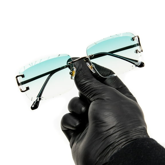 Gem Cut Rimless Luxury Hip Hop Turquoise Tint Gold Frame Rectangle Sunglasses