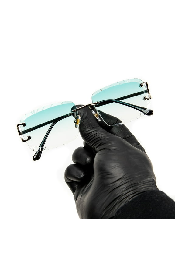 Gem Cut Rimless Luxury Hip Hop Turquoise Tint Gold Frame Rectangle Sunglasses