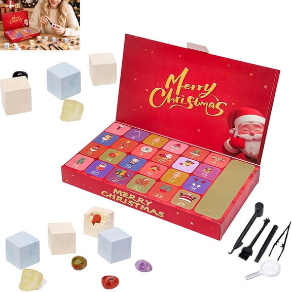 Gem Digging Advent Calendar 2026, 24 Days Christmas Countdown with 24 Real Gemstones, STEM Educational Dig Kit with Tools, Christmas Gift for Kids