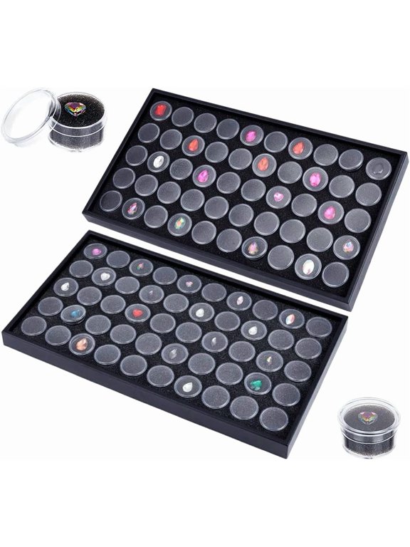 Gem Display Case Diamond Storage Box Round Clear Containers Box Stackable Display Black Tray with 100PCS Column Jars