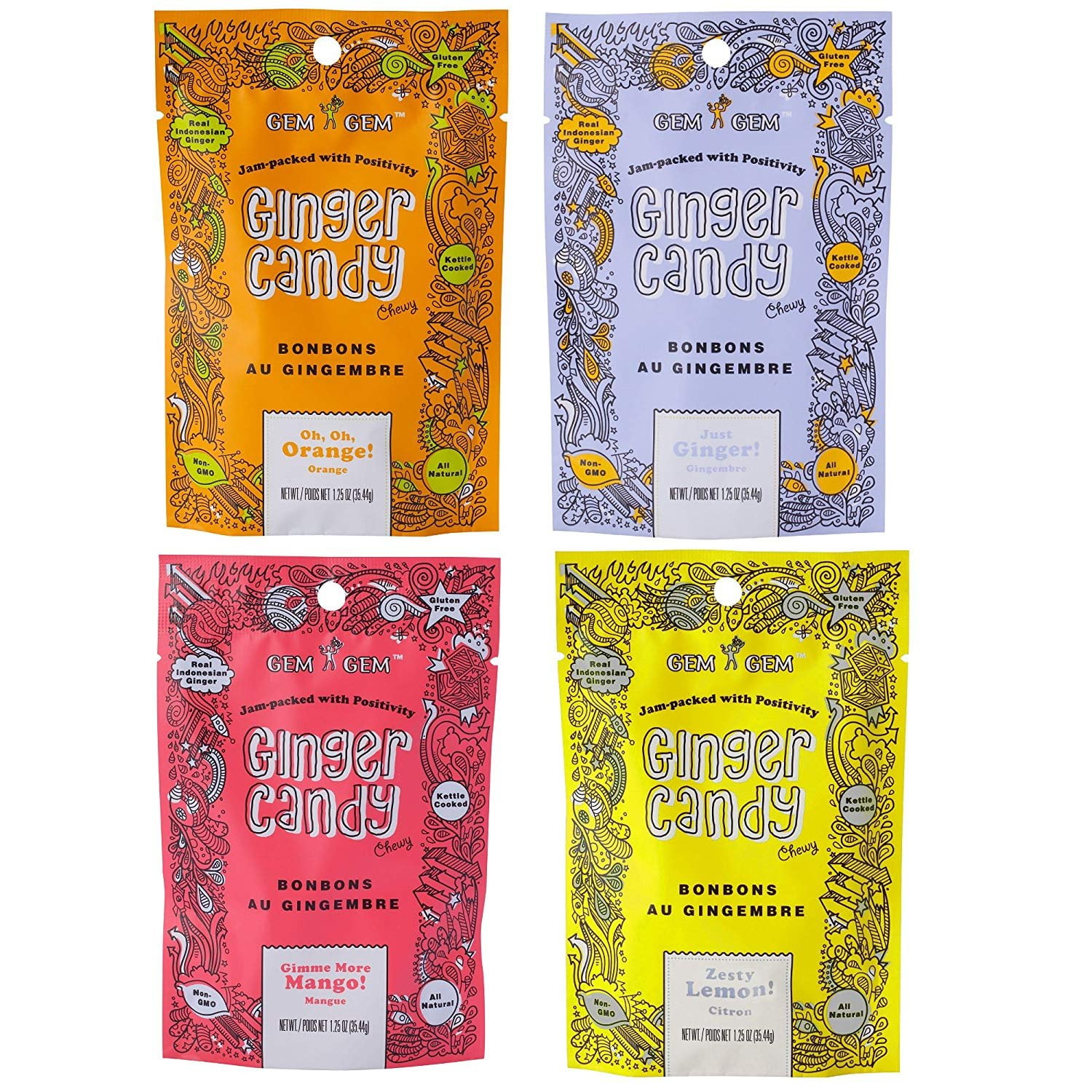 Gem Gem Chewy Ginger Candy, Assorted Mix, 1.25oz, Pack of 4, NonGMO
