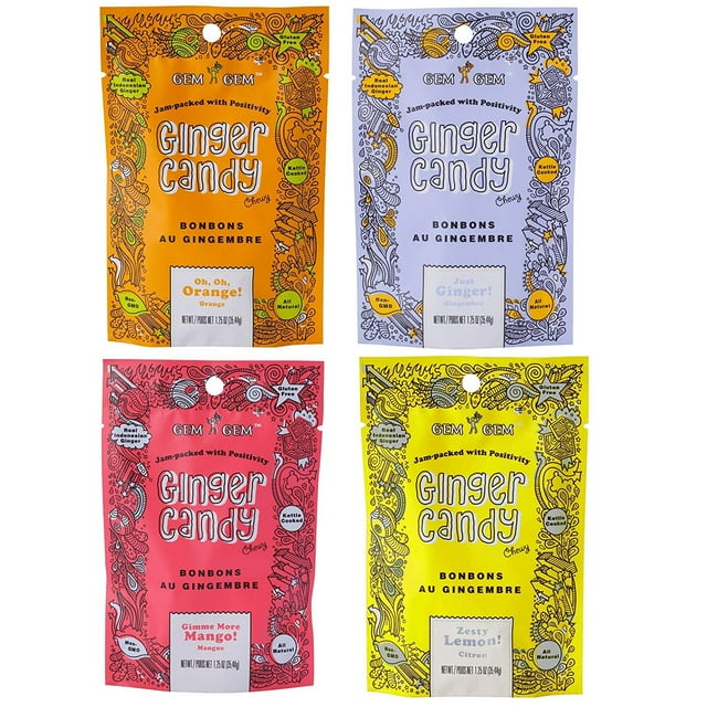 Gem Gem Ginger Candy Chewy Ginger Chews Assorted Mix, 1.25oz, Pack of 4