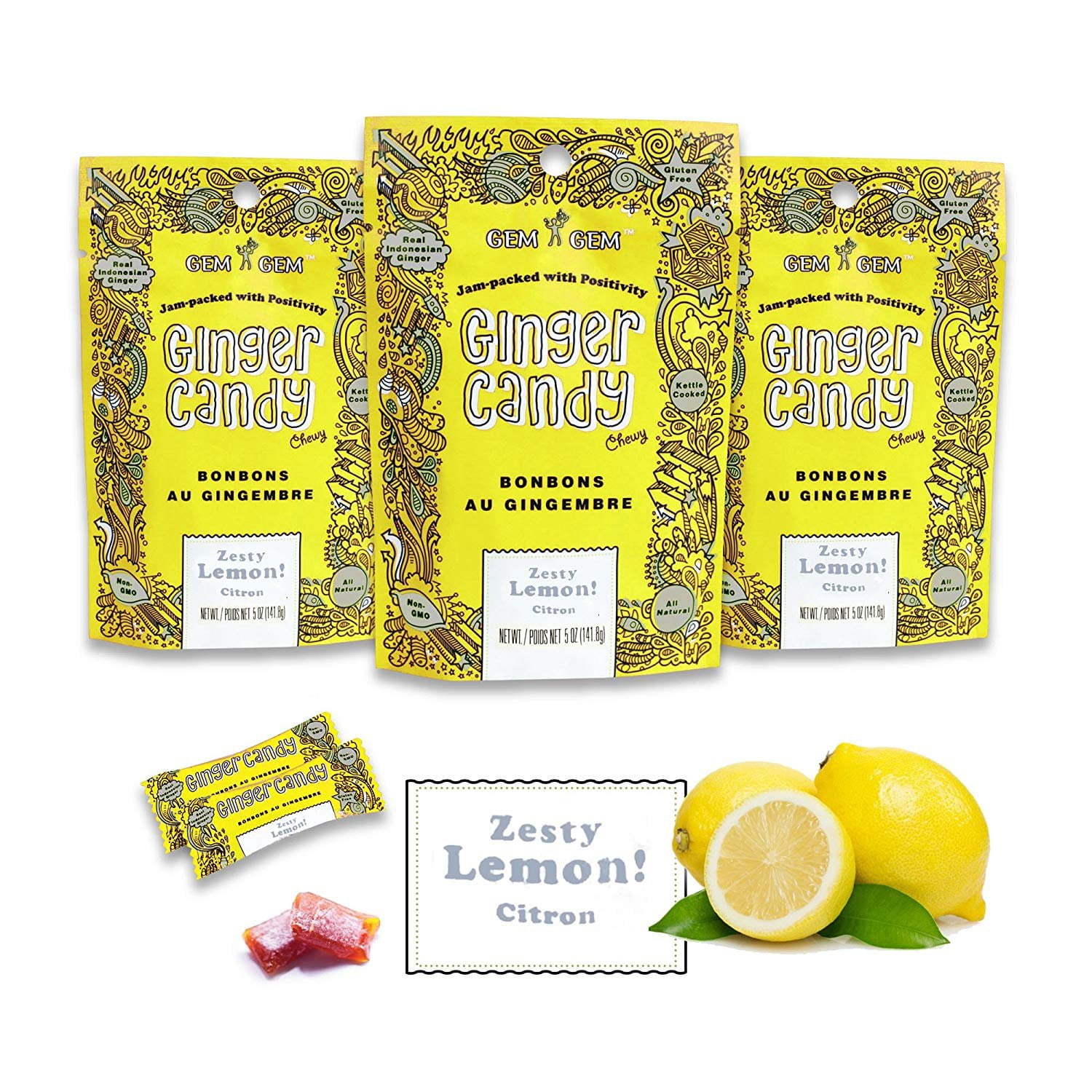 Gem Gem Ginger Candy Chewy Ginger Chews Lemon, 5.0oz, Pack of 3