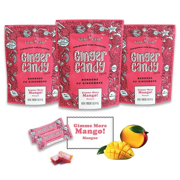 Gem Gem Ginger Candy Chewy Ginger Chews Mango, 5.0oz, Pack of 3