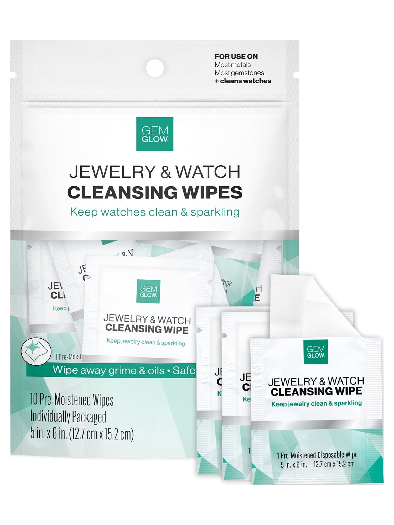 Gem Glow Jewelry & Watch Cleansing Wipes, Clean All Jewelry, Watches, Accessories, 10 ct
