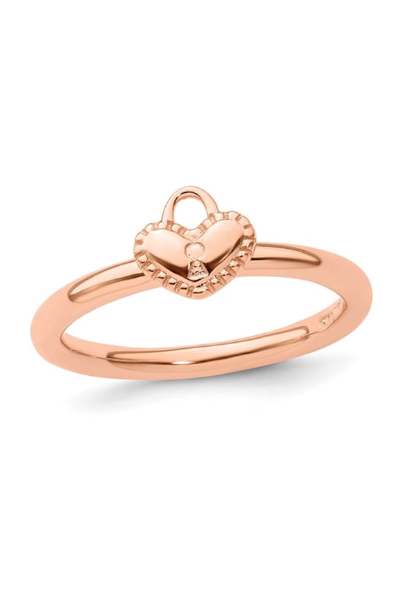 Gem & Harmony Polished Rose Plated Sterling Silver Heart Padlock Ring for Women