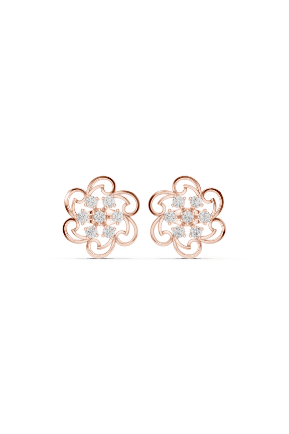 Rose Gold Plated American Diamond Floral Stud Earrings for Women, Elegant Swirl Flower Earrings, Luxury Designer Diamond Look Earrings, Sparkling Party Wear Stud Earrings.