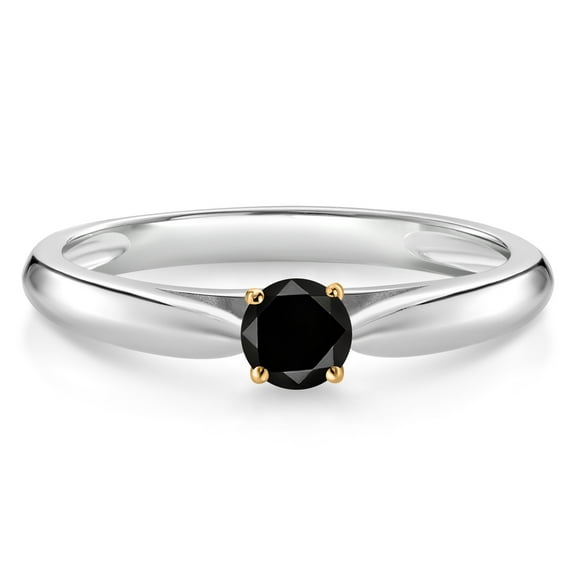 Gem Stone King 0.17 Ct Round Black Diamond 925 Silver and 10K Yellow Gold Solitaire Engagement Ring (Size 5)