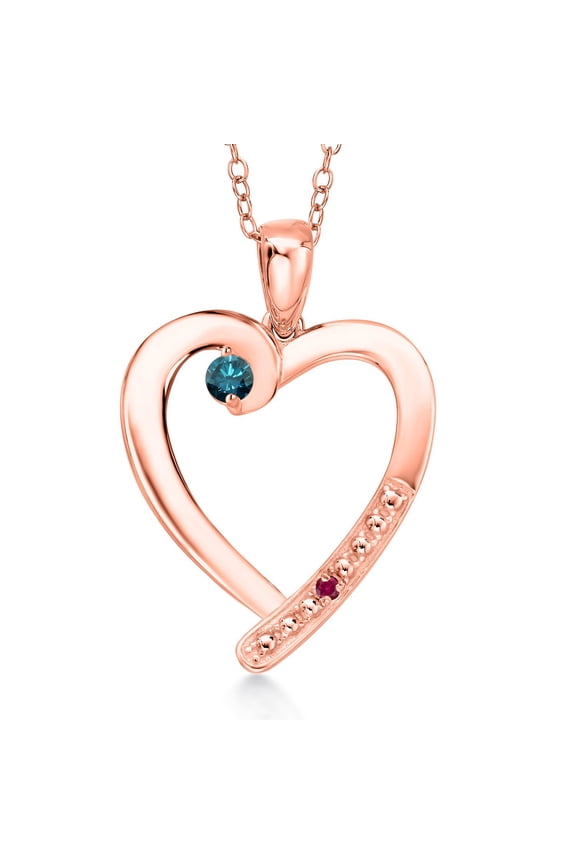 18K Rose Gold Plated Silver Blue Diamond and Red Created Ruby Heart Pendant Necklace for Women | 0.17 Cttw | Gemstone April Birthstone | Round 3.5MM | With 18 inch Chain