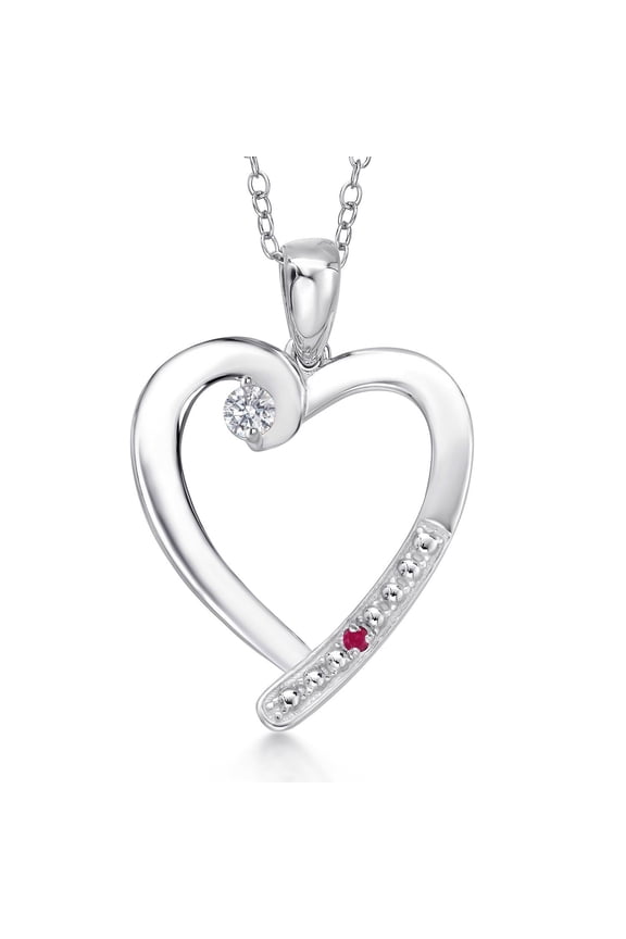 925 Sterling Silver Lab Grown Diamond and Red Ruby Heart Pendant Necklace for Women | 0.19 Cttw | Gemstone April Birthstone | Round 3.5MM | With 18 inch Chain