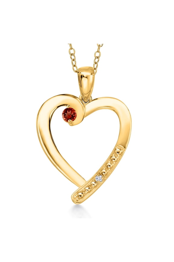 18K Yellow Gold Plated Silver Red Garnet and White Zirconia Heart Pendant Necklace for Women | 0.22 Cttw | Gemstone January Birthstone | Round 3.5MM | With 18 inch Chain