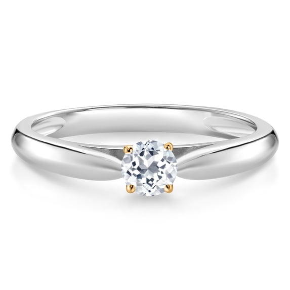 Gem Stone King 0.22 Ct Round White Topaz 925 Silver and 10K Yellow Gold Solitaire Engagement Ring (Size 9)
